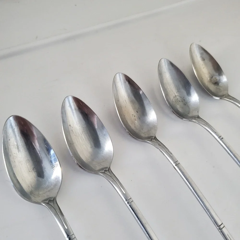 Vintage NS Co Stainless Plate Iced Tea Spoons Set of 5 Art Deco Long Handle